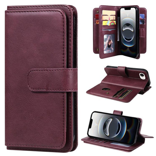 For iPhone 16e Multi-Function Wallet 10 Card Slots Leather Phone Case(Claret) by bashfashion