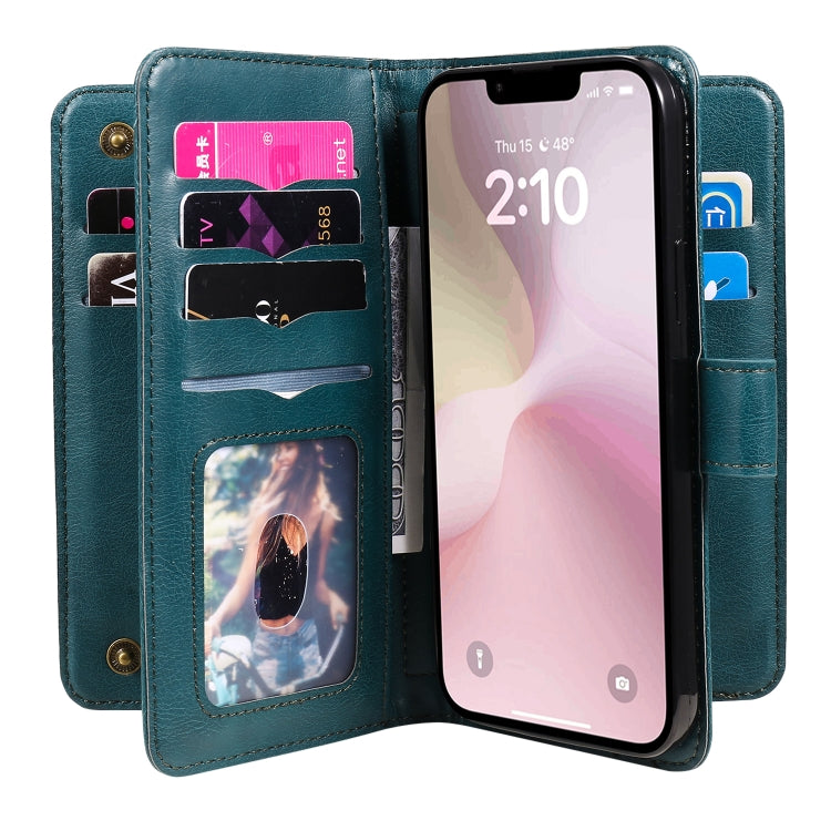 For iPhone 16e Multi-Function Wallet 10 Card Slots Leather Phone Case(Dark Green) by bashfashion