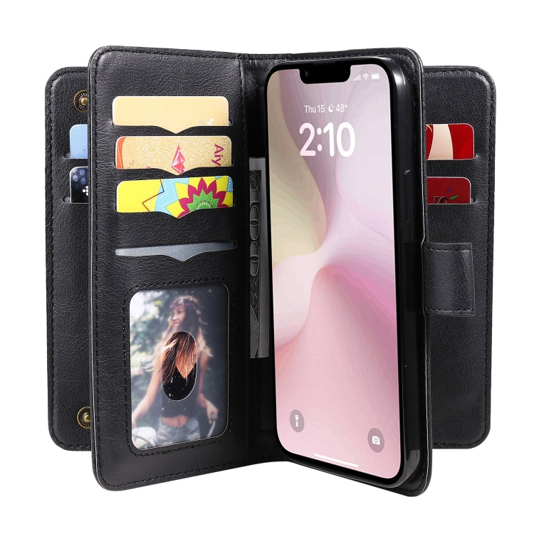 For iPhone 16e Multi-Function Wallet 10 Card Slots Leather Phone Case(Black) by bashfashion