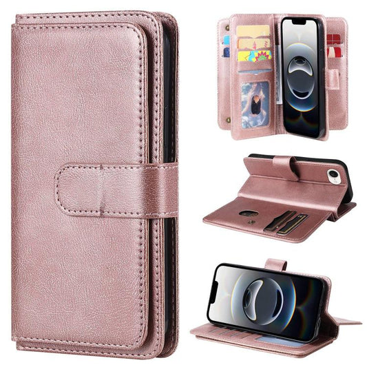 For iPhone 16e Multi-Function Wallet 10 Card Slots Leather Phone Case(Rose Gold) by bashfashion