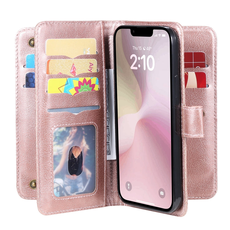 For iPhone 16e Multi-Function Wallet 10 Card Slots Leather Phone Case(Rose Gold) by bashfashion