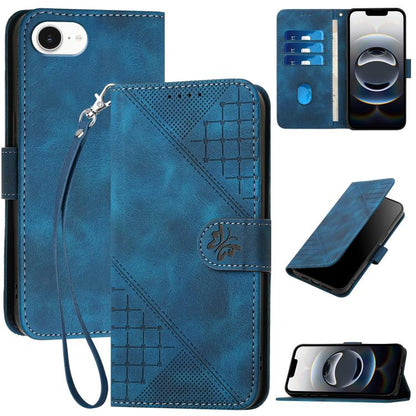 For iPhone 16e YX0080 Grid Butterfly Embossed Pattern Flip Leather Phone Case with Lanyard(Dark Blue) by bashfashion