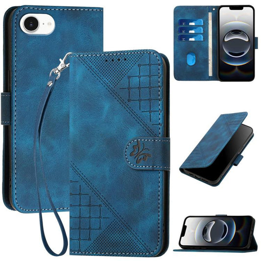 For iPhone 16e YX0080 Grid Butterfly Embossed Pattern Flip Leather Phone Case with Lanyard(Dark Blue) by bashfashion