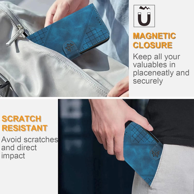 For iPhone 16e YX0080 Grid Butterfly Embossed Pattern Flip Leather Phone Case with Lanyard(Dark Blue) by bashfashion