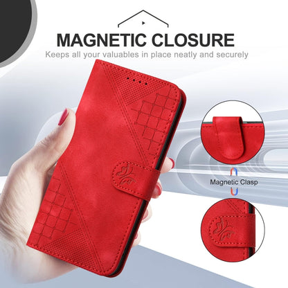 For iPhone 16e YX0080 Grid Butterfly Embossed Pattern Flip Leather Phone Case with Lanyard(Red) by bashfashion