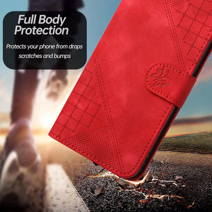 For iPhone 16e YX0080 Grid Butterfly Embossed Pattern Flip Leather Phone Case with Lanyard(Red) by bashfashion