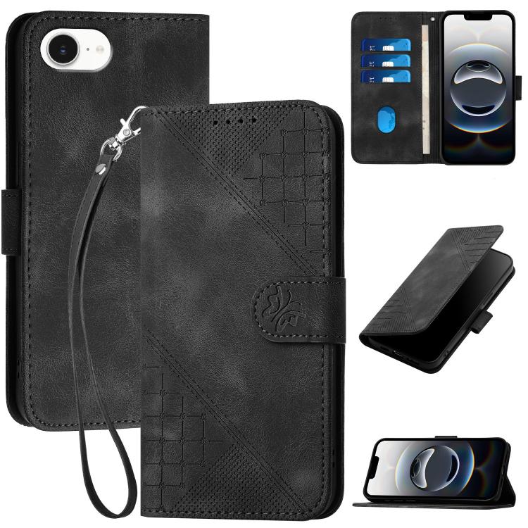 For iPhone 16e YX0080 Grid Butterfly Embossed Pattern Flip Leather Phone Case with Lanyard(Black) by bashfashion