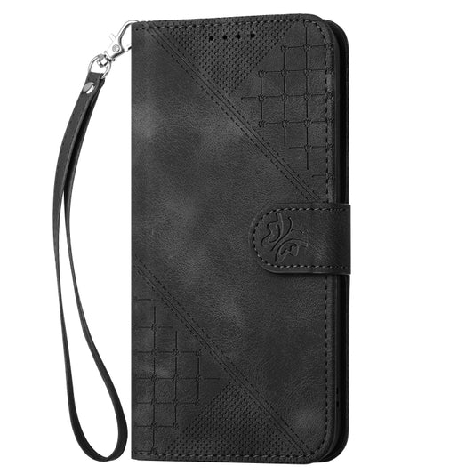 For iPhone 16e YX0080 Grid Butterfly Embossed Pattern Flip Leather Phone Case with Lanyard(Black) by bashfashion