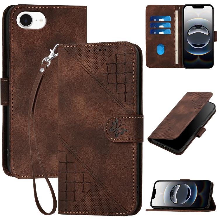 For iPhone 16e YX0080 Grid Butterfly Embossed Pattern Flip Leather Phone Case with Lanyard(Coffee) by bashfashion