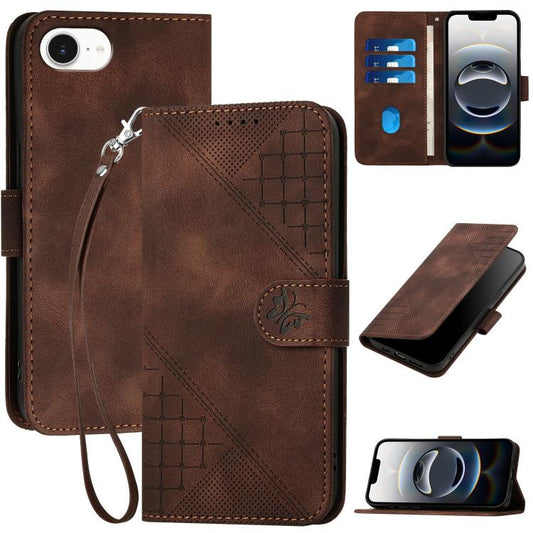 For iPhone 16e YX0080 Grid Butterfly Embossed Pattern Flip Leather Phone Case with Lanyard(Coffee) by bashfashion
