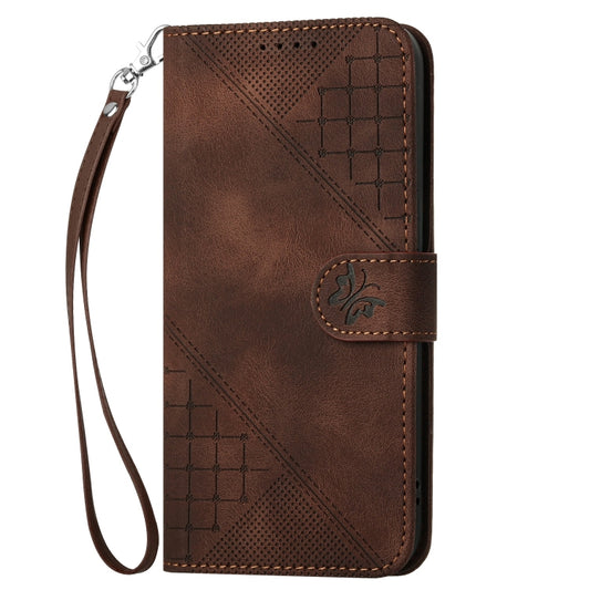 For iPhone 16e YX0080 Grid Butterfly Embossed Pattern Flip Leather Phone Case with Lanyard(Coffee) by bashfashion