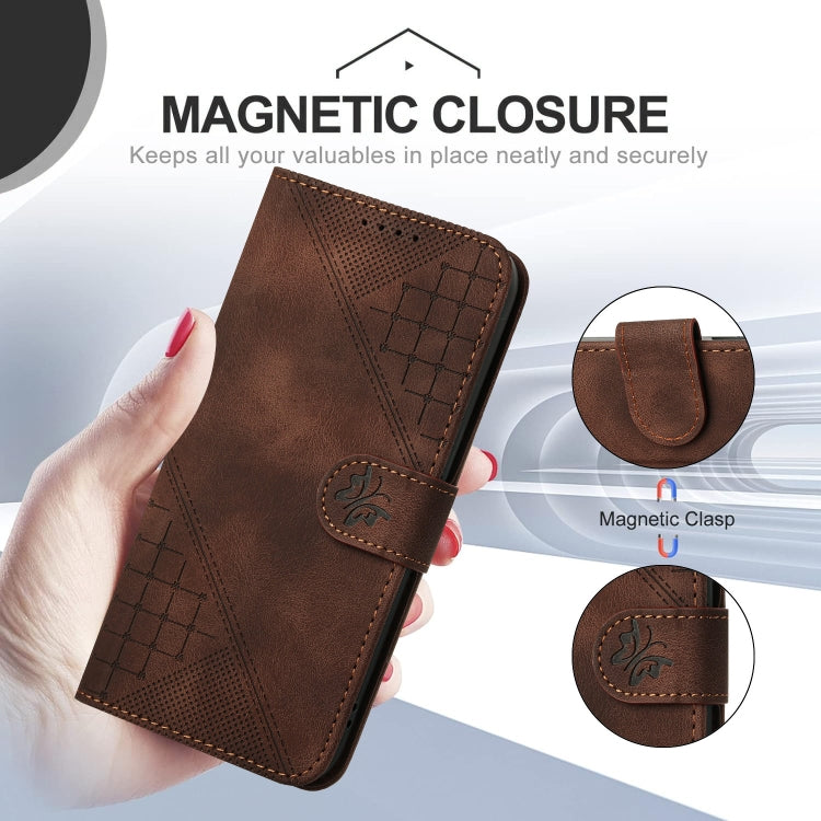 For iPhone 16e YX0080 Grid Butterfly Embossed Pattern Flip Leather Phone Case with Lanyard(Coffee) by bashfashion