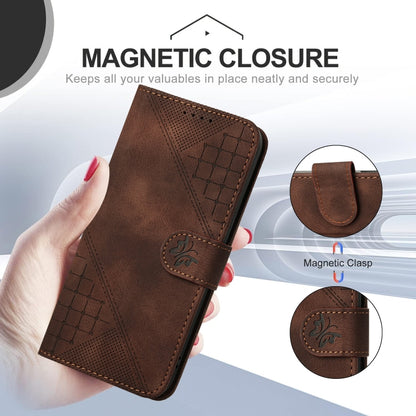 For iPhone 16e YX0080 Grid Butterfly Embossed Pattern Flip Leather Phone Case with Lanyard(Coffee) by bashfashion
