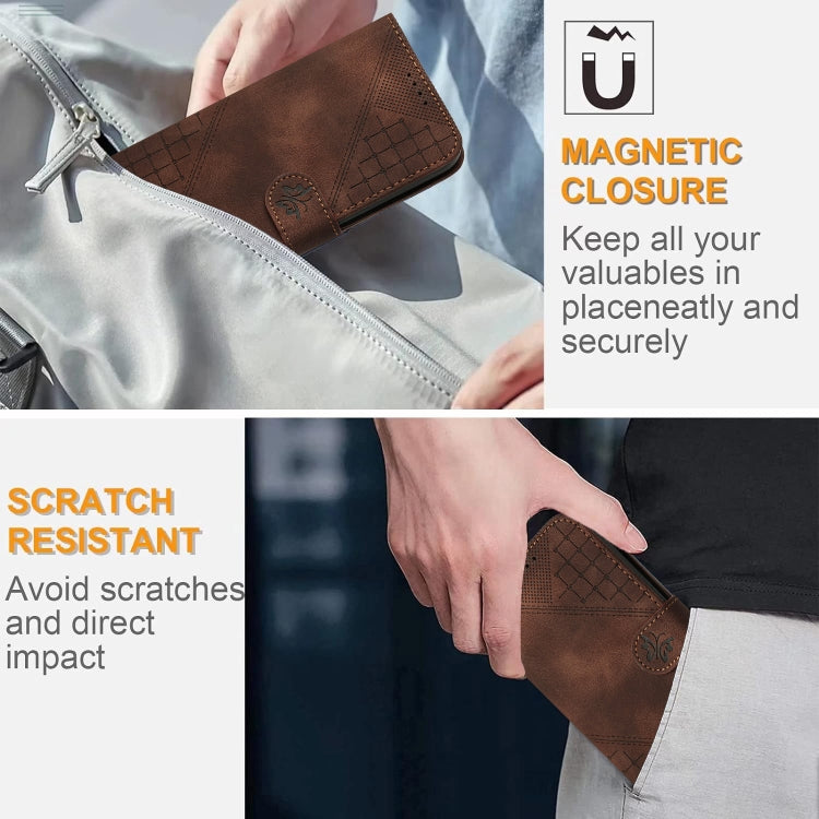 For iPhone 16e YX0080 Grid Butterfly Embossed Pattern Flip Leather Phone Case with Lanyard(Coffee) by bashfashion