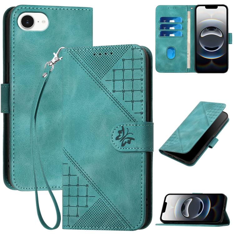 For iPhone 16e YX0080 Grid Butterfly Embossed Pattern Flip Leather Phone Case with Lanyard(Light Blue) by bashfashion