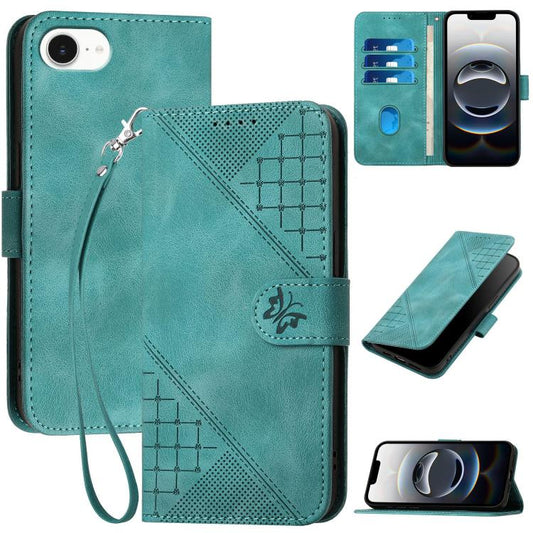 For iPhone 16e YX0080 Grid Butterfly Embossed Pattern Flip Leather Phone Case with Lanyard(Light Blue) by bashfashion