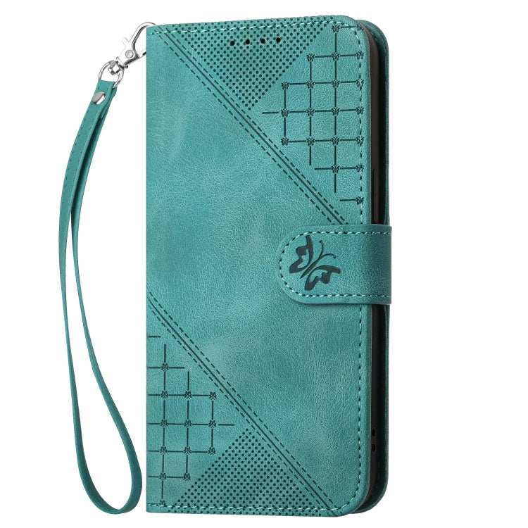 For iPhone 16e YX0080 Grid Butterfly Embossed Pattern Flip Leather Phone Case with Lanyard(Light Blue) by bashfashion