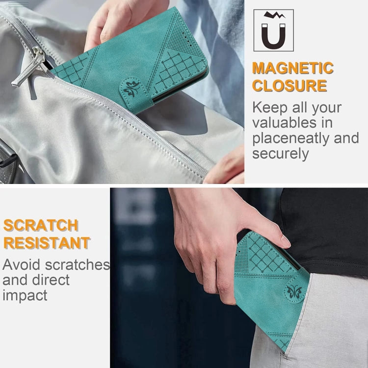 For iPhone 16e YX0080 Grid Butterfly Embossed Pattern Flip Leather Phone Case with Lanyard(Light Blue) by bashfashion