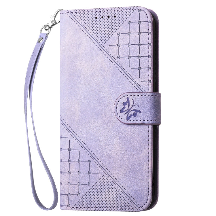 For iPhone 16e YX0080 Grid Butterfly Embossed Pattern Flip Leather Phone Case with Lanyard(Light Purple) by bashfashion