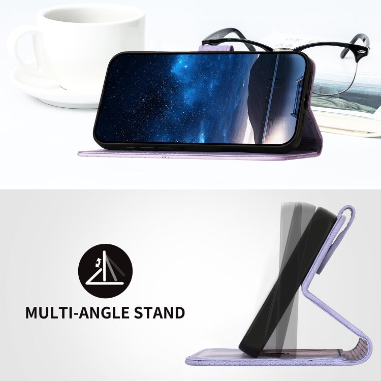 For iPhone 16e YX0080 Grid Butterfly Embossed Pattern Flip Leather Phone Case with Lanyard(Light Purple) by bashfashion