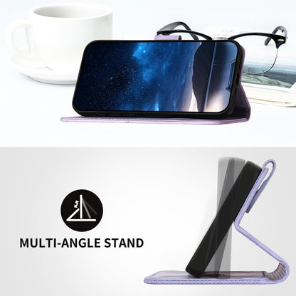 For iPhone 16e YX0080 Grid Butterfly Embossed Pattern Flip Leather Phone Case with Lanyard(Light Purple) by bashfashion