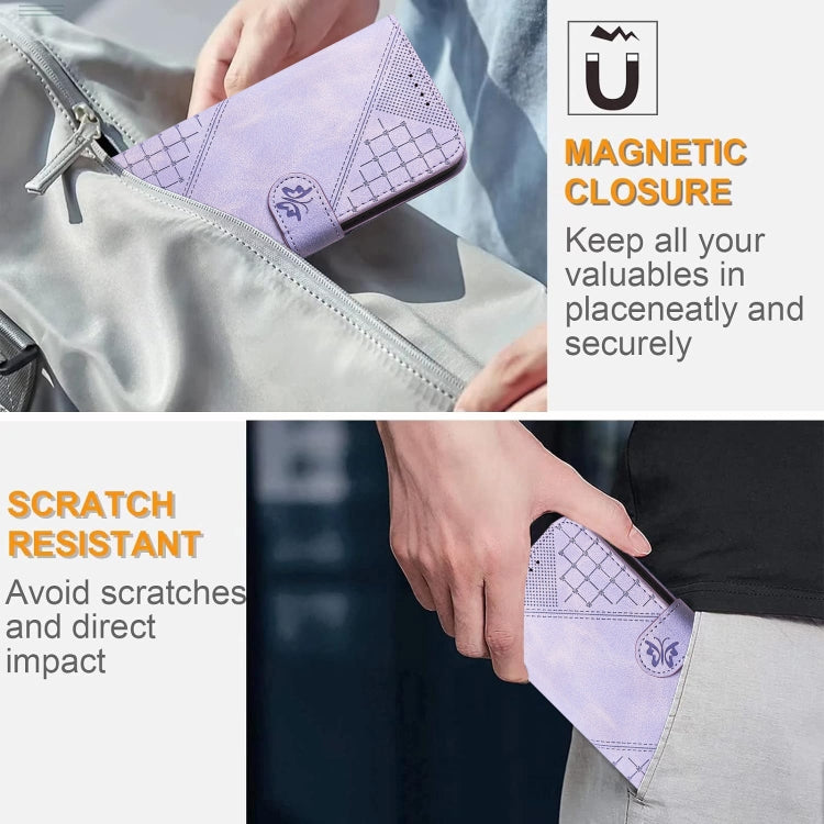 For iPhone 16e YX0080 Grid Butterfly Embossed Pattern Flip Leather Phone Case with Lanyard(Light Purple) by bashfashion