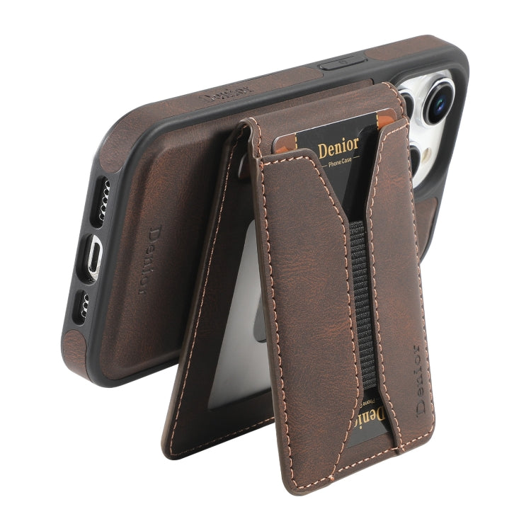 For iPhone 15 Denior D18 Skin Feel Rotating Holder MagSafe Detachable Card Slot Phone Case(Brown) by Denior