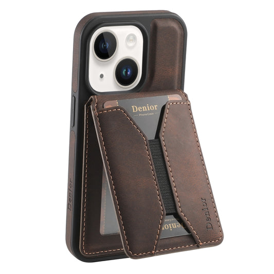 For iPhone 15 Plus / 14 Plus Denior D18 Skin Feel Rotating Holder MagSafe Detachable Card Slot Phone Case(Brown) by Denior
