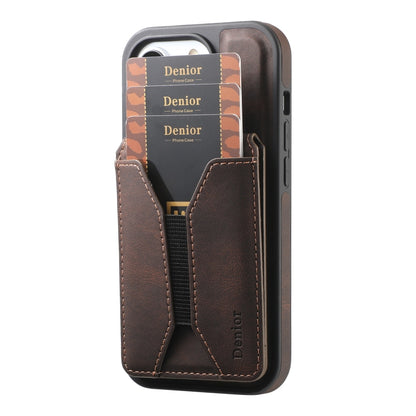 For iPhone 15 Pro Denior D18 Skin Feel Rotating Holder MagSafe Detachable Card Slot Phone Case(Brown) by Denior