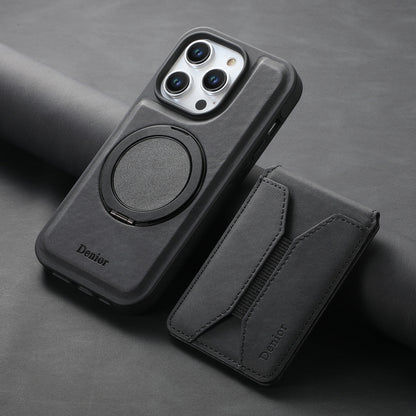 For iPhone 15 Pro Denior D18 Skin Feel Rotating Holder MagSafe Detachable Card Slot Phone Case(Black) by Denior