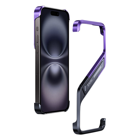 For iPhone 16 S-shaped Stand Frameless Metal Phone Case(Black Purple) by bashfashion
