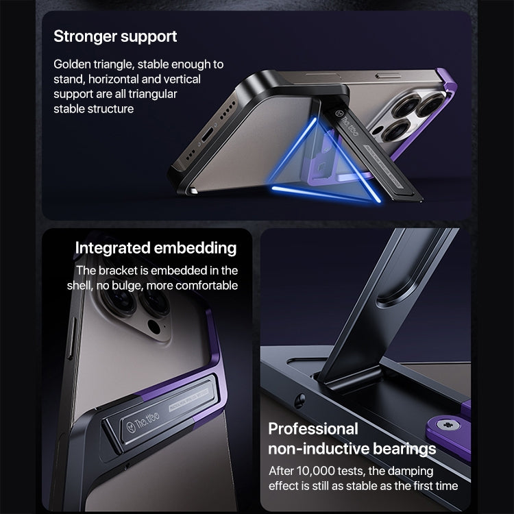 For iPhone 16 Pro S-shaped Stand Frameless Metal Phone Case(Black Purple) by bashfashion