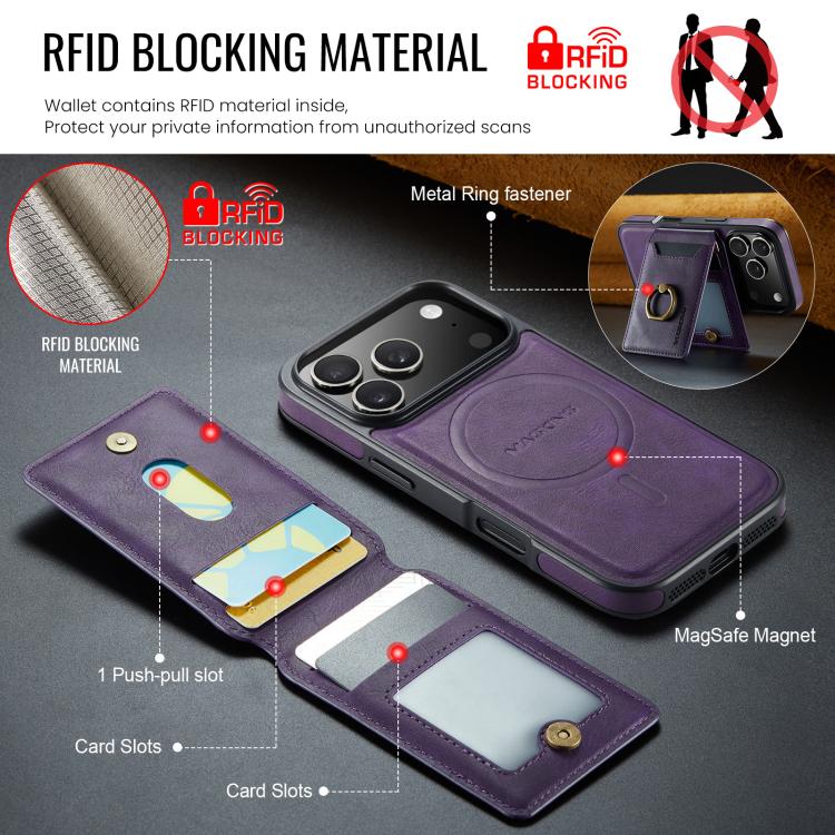 For iPhone 17 Pro MAGKING K1 MagSafe Detachable Wallet RFID Back Cover Phone Case(Purple) by MAGKING
