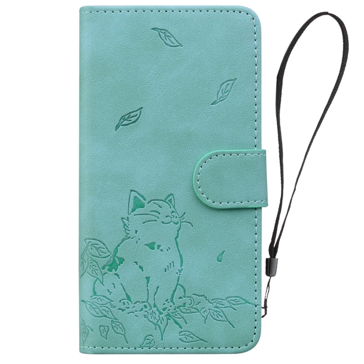 For iPhone 16e Cute Cat Embossed Leather Phone Case(Green) by bashfashion