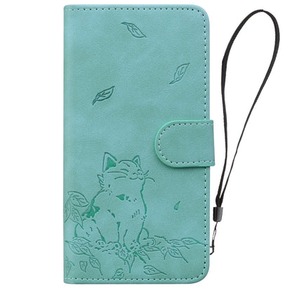 For iPhone 16e Cute Cat Embossed Leather Phone Case(Green) by bashfashion