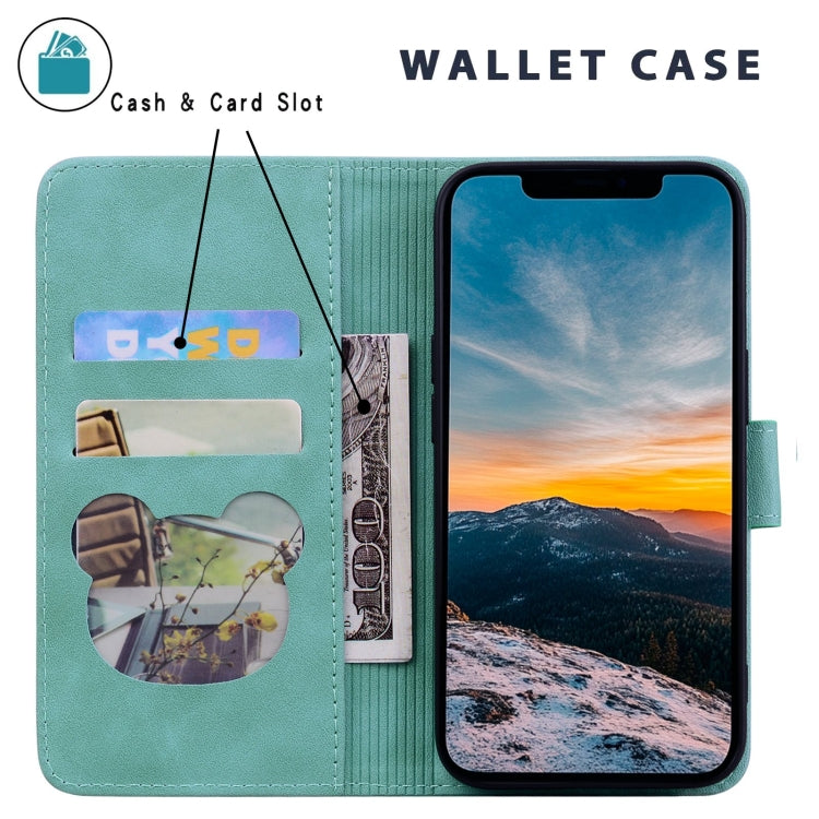 For iPhone 16e Cute Cat Embossed Leather Phone Case(Green) by bashfashion