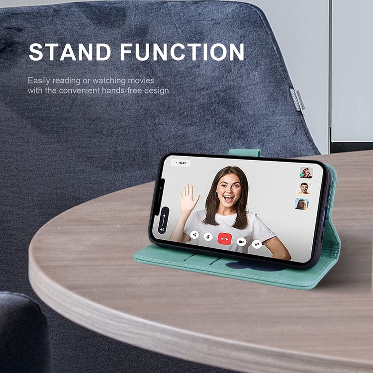 For iPhone 16e Cute Cat Embossed Leather Phone Case(Green) by bashfashion