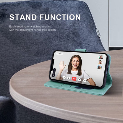 For iPhone 16e Cute Cat Embossed Leather Phone Case(Green) by bashfashion