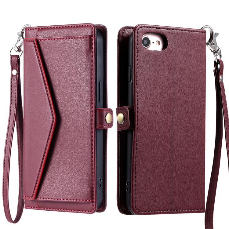 For iPhone 16e Wallet Multi-card Slot Leather Phone Case with Lanyard(Wine Red) by bashfashion