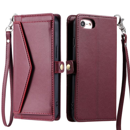 For iPhone 16e Wallet Multi-card Slot Leather Phone Case with Lanyard(Wine Red) by bashfashion