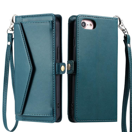 For iPhone 16e Wallet Multi-card Slot Leather Phone Case with Lanyard(Green) by bashfashion