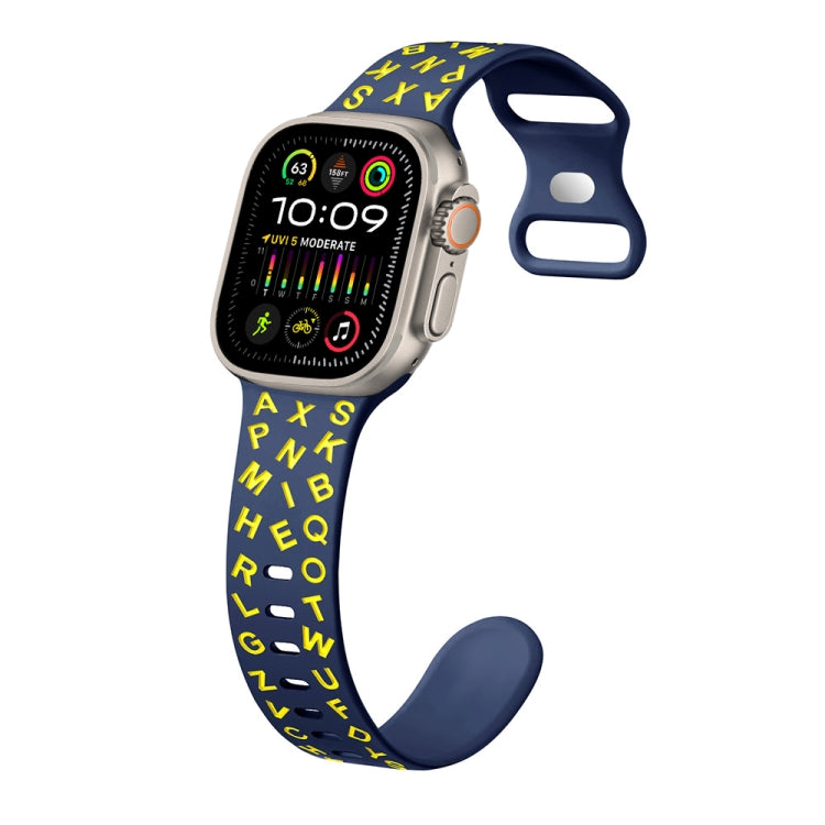 For Apple Watch Ultra 49mm English Letters Style Butterfly Buckle Silicone Watch Band(Midnight Blue Yellow) by bashfashion