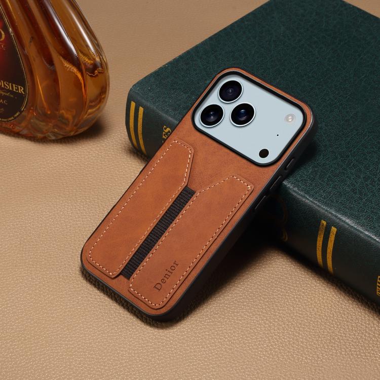 For iPhone 17 Pro Denior D07 DV Elastic Card Slot PU Back Cover Phone Case(Brown) by Denior