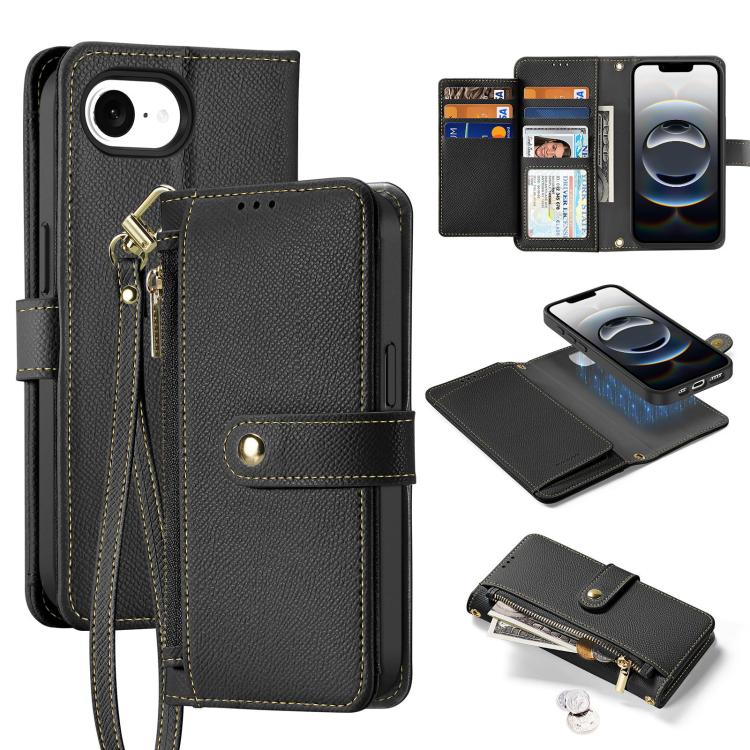 For iPhone 16e DUX DUCIS Lawa Series 2 in 1 Wallet Zipper Detachable MagSafe Phone Case with Lanyard(Black) by DUX DUCIS