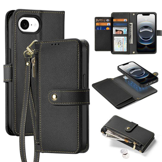 For iPhone 16e DUX DUCIS Lawa Series 2 in 1 Wallet Zipper Detachable MagSafe Phone Case with Lanyard(Black) by DUX DUCIS