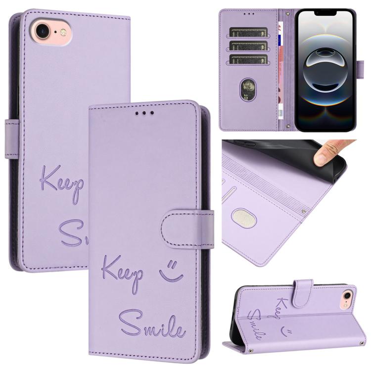 For iPhone SE 2024 Smile Embossing RFID Leather Phone Case(Light Purple) by bashfashion