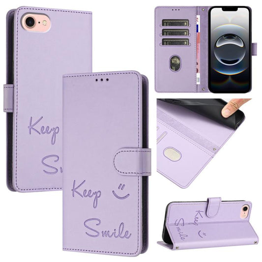 For iPhone SE 2024 Smile Embossing RFID Leather Phone Case(Light Purple) by bashfashion