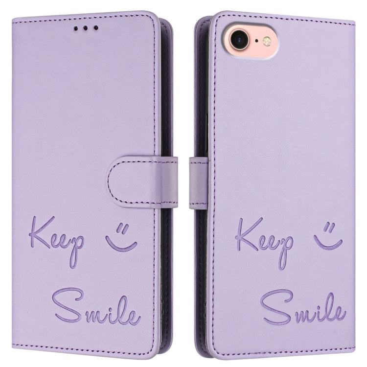 For iPhone SE 2024 Smile Embossing RFID Leather Phone Case(Light Purple) by bashfashion