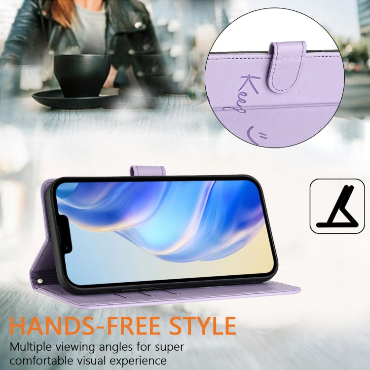 For iPhone SE 2024 Smile Embossing RFID Leather Phone Case(Light Purple) by bashfashion