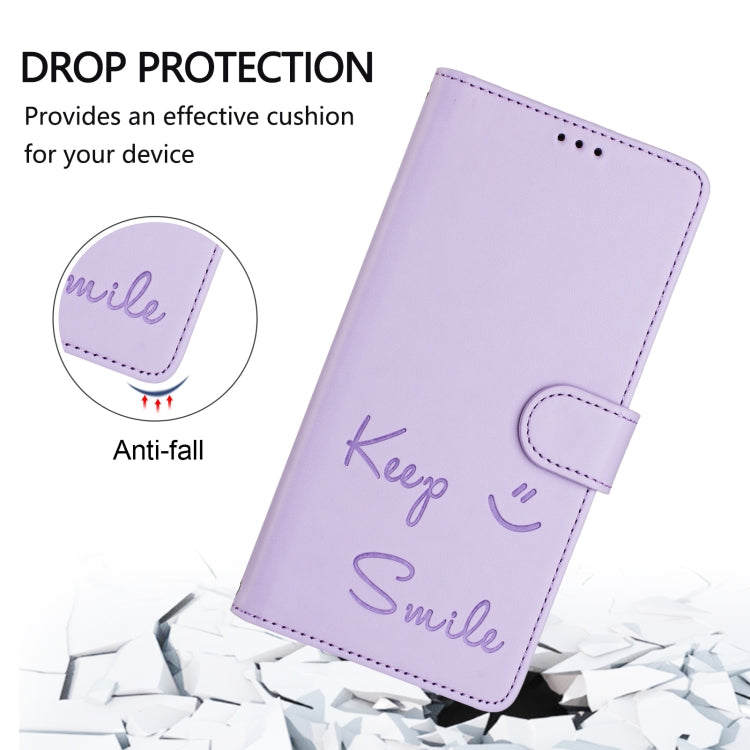 For iPhone SE 2024 Smile Embossing RFID Leather Phone Case(Light Purple) by bashfashion